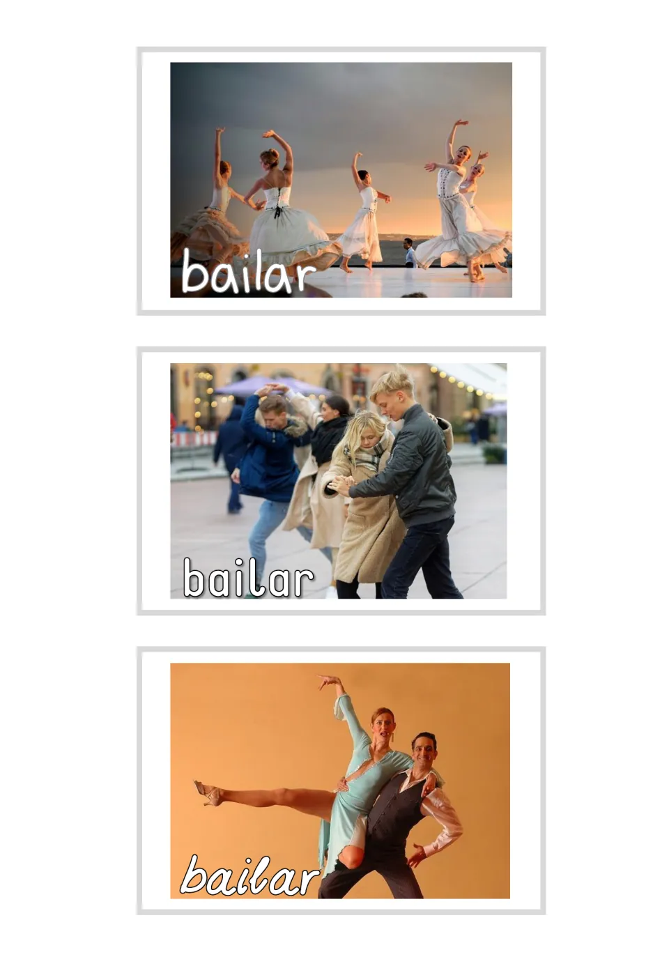 Labeled bailar cards: stage ballet dancers, street dancers and a ballroom couple, the verb in three font styles