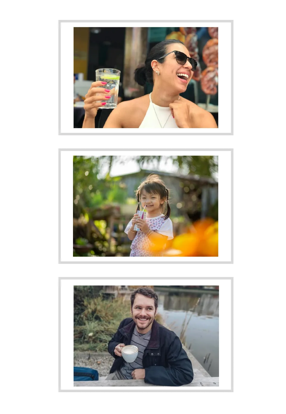 Unlabeled drinking photo cards: a woman raising a glass of water, a girl sipping a juice box, a man with a coffee