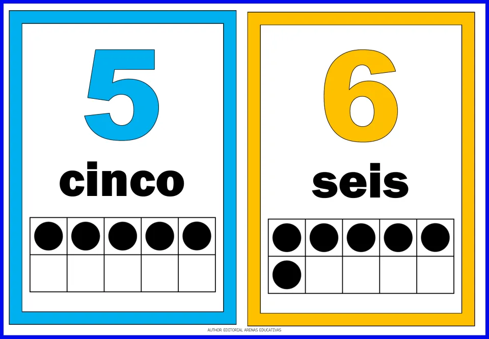 Spanish number flashcards 5 and 6: cinco (five) and seis (six), with numerals and matching counting dots.
