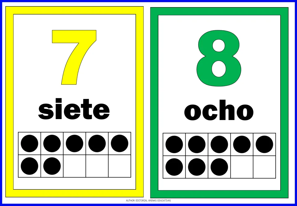Spanish number flashcards 7 and 8: siete (seven) and ocho (eight), with numerals and matching counting dots.