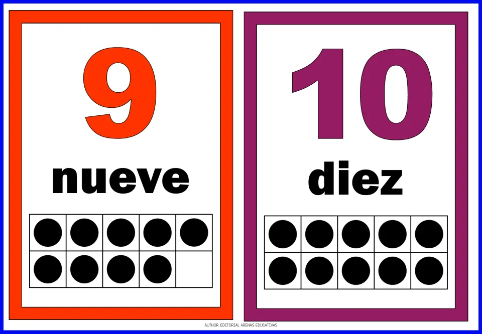 Spanish number flashcards 9 and 10: nueve (nine) and diez (ten), with numerals and matching counting dots.