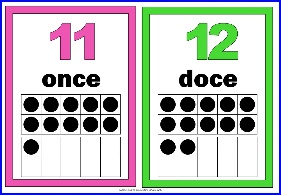 Spanish number flashcards 11 and 12: once (eleven) and doce (twelve), with numerals and matching dots.