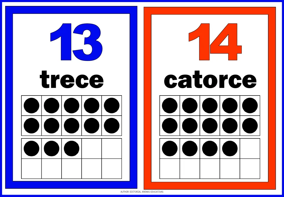 Spanish number flashcards 13 and 14: trece (thirteen) and catorce (fourteen), with numerals and matching dots.