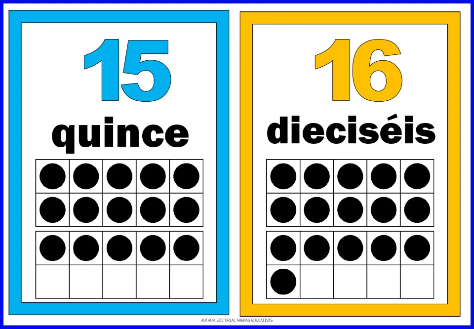 Spanish number flashcards 15 and 16: quince (fifteen) and dieciséis (sixteen), with matching counting dots.