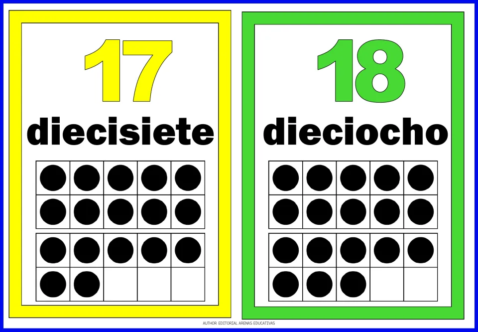Spanish number flashcards 17 and 18: diecisiete (seventeen) and dieciocho (eighteen), with matching dots.
