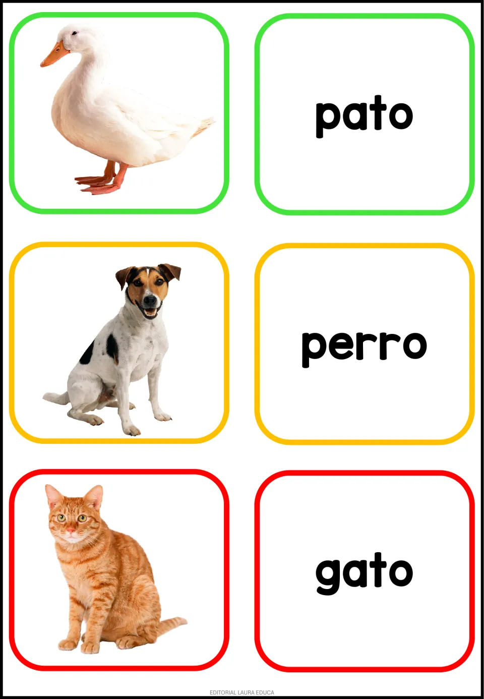 Spanish animal flashcard sheet 1: photos and separate word cards for pato (duck), perro (dog) and gato (cat)