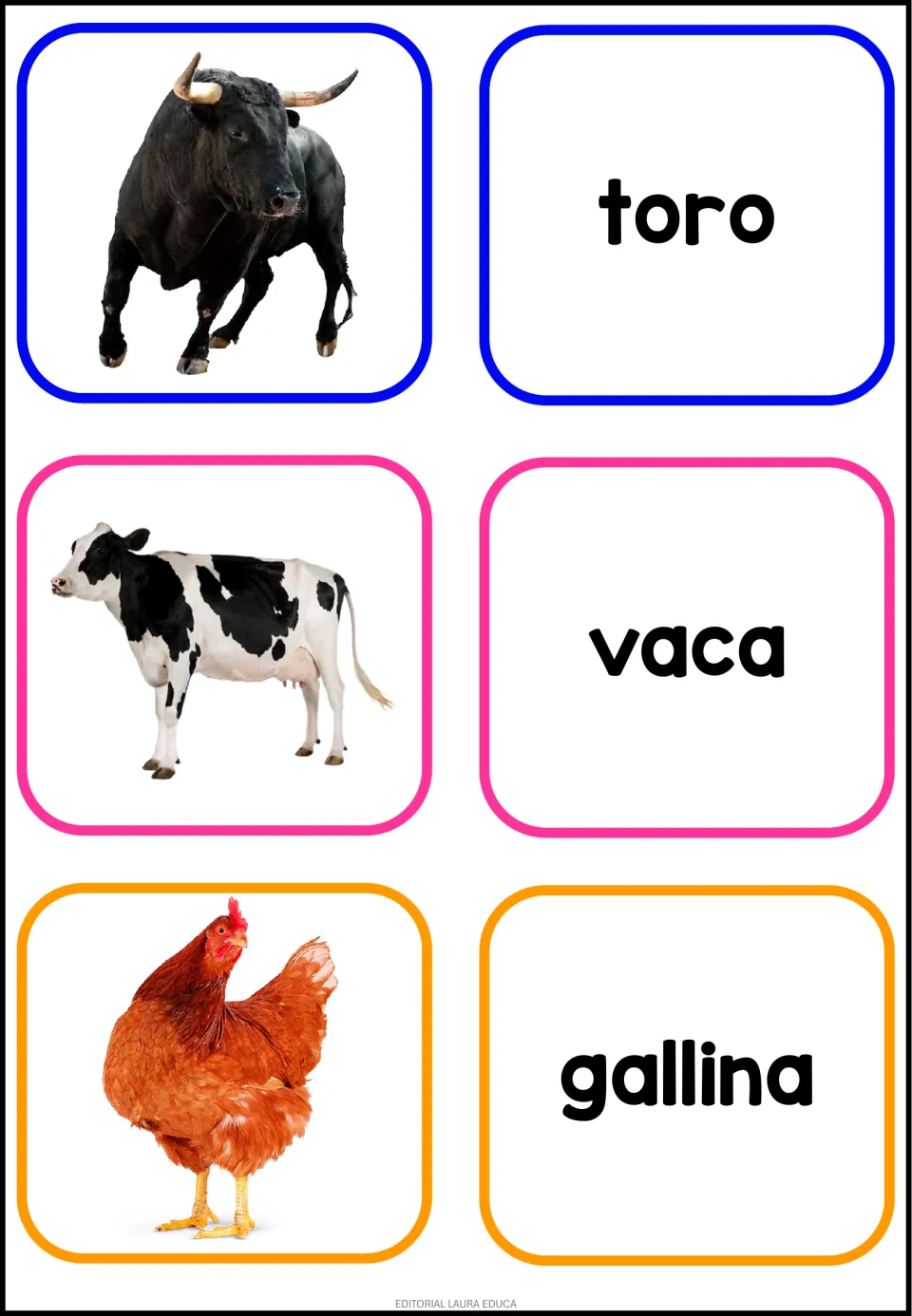 Spanish animal flashcard sheet 2: photos and separate word cards for toro (bull), vaca (cow) and gallina (hen)