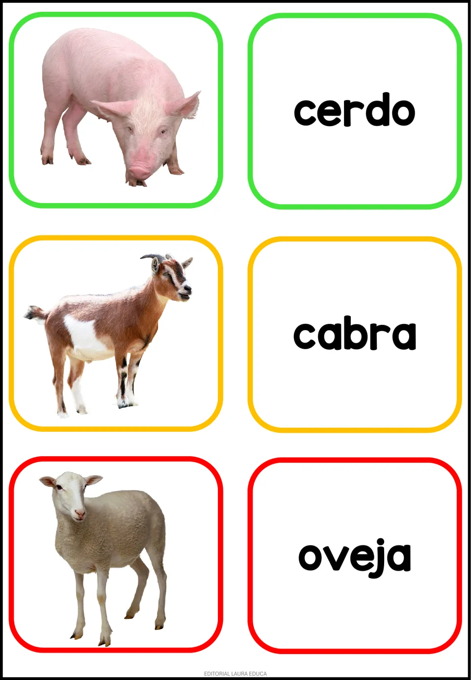 Spanish animal flashcard sheet 3: photos and separate word cards for cerdo (pig), cabra (goat) and oveja (sheep)