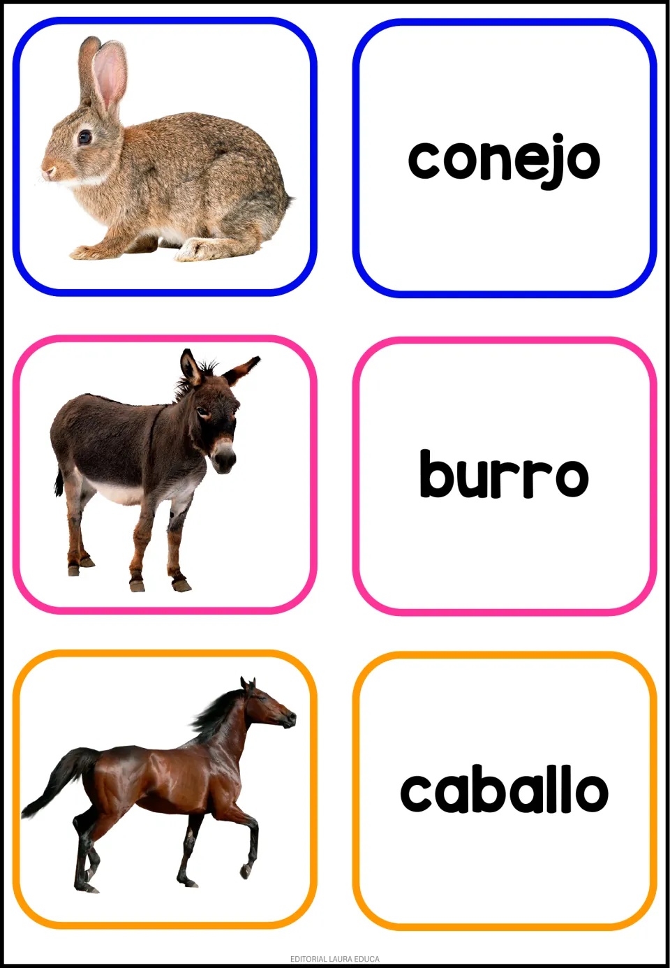 Spanish animal flashcard sheet 4: photos paired with conejo (rabbit), burro (donkey) and caballo (horse)