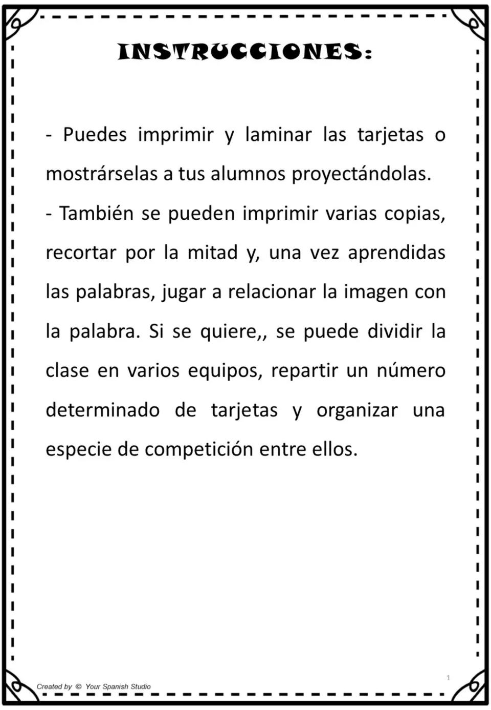 Instructions for Spanish food cards: print and laminate, project, or cut apart for picture-word matching.