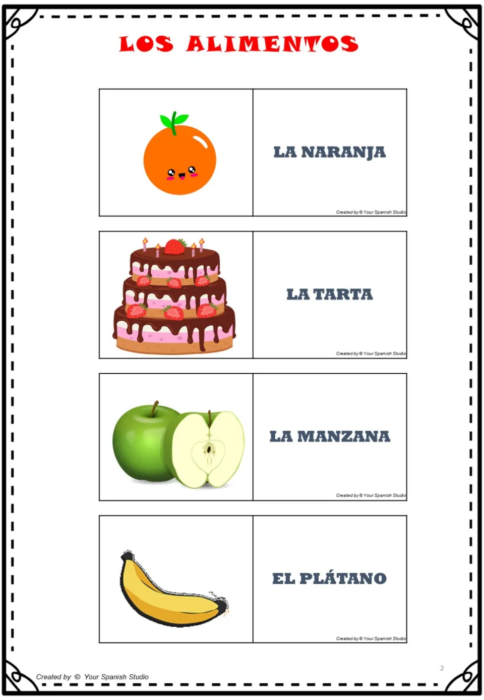 Spanish food cards 1–4: naranja (orange), tarta (cake), manzana (apple), and plátano (banana).