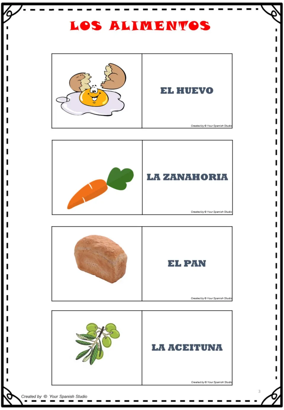 Spanish food cards 5–8: huevo (egg), zanahoria (carrot), pan (bread), and aceituna (olive).