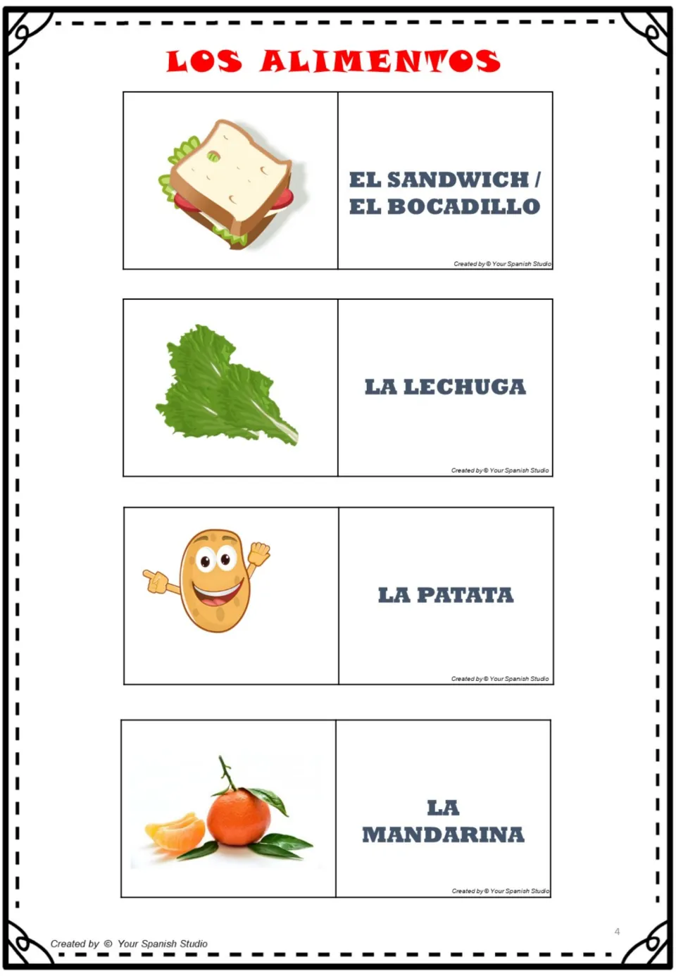 Spanish food cards 9–12: sandwich/bocadillo, lechuga (lettuce), patata (potato), and mandarina (mandarin).