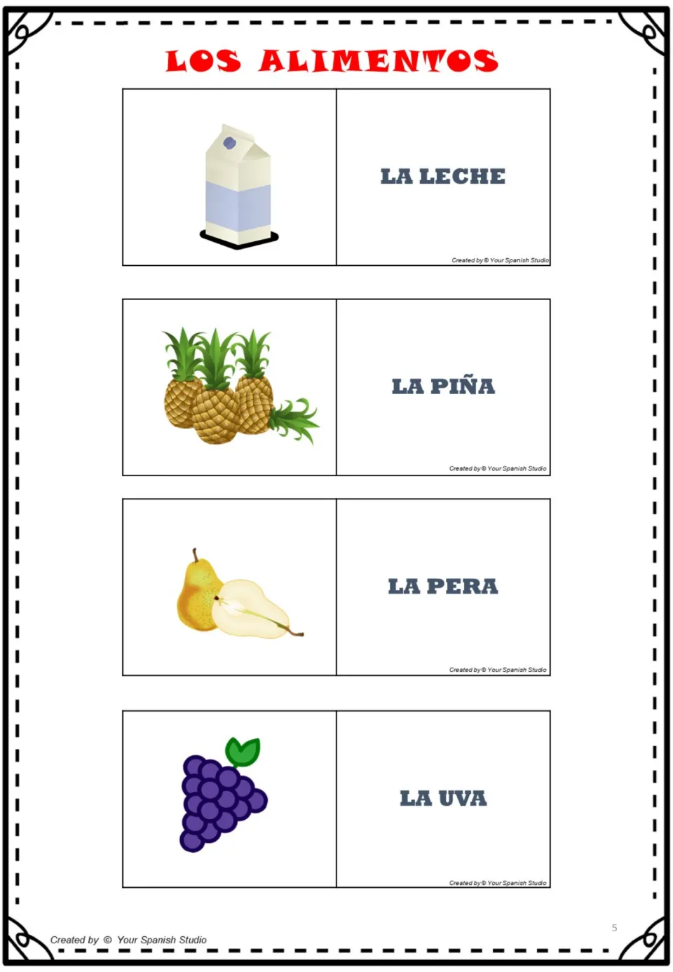 Spanish food cards 13–16: leche (milk), piña (pineapple), pera (pear), and uva (grape).