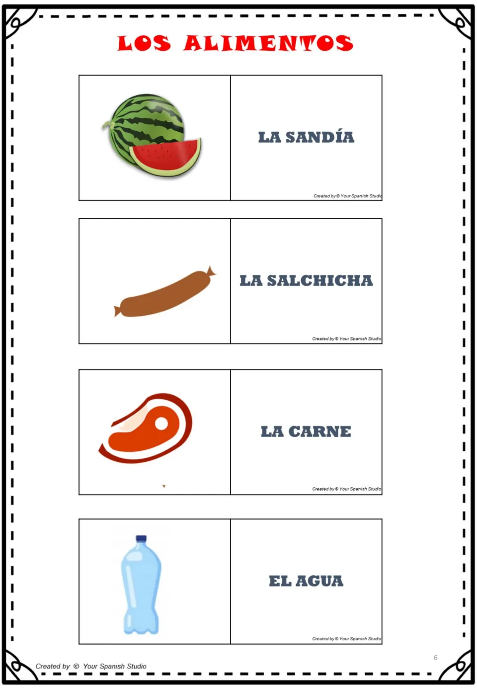 Spanish food cards 17–20: sandía (watermelon), salchicha (sausage), carne (meat), and agua (water).