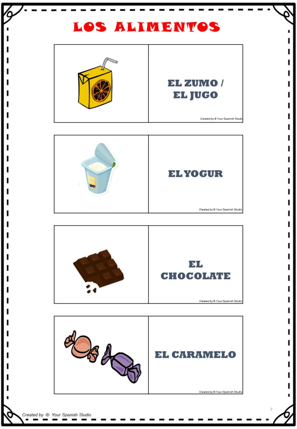 Spanish food cards 21–24: zumo/jugo (juice), yogur (yogurt), chocolate, and caramelo (candy).