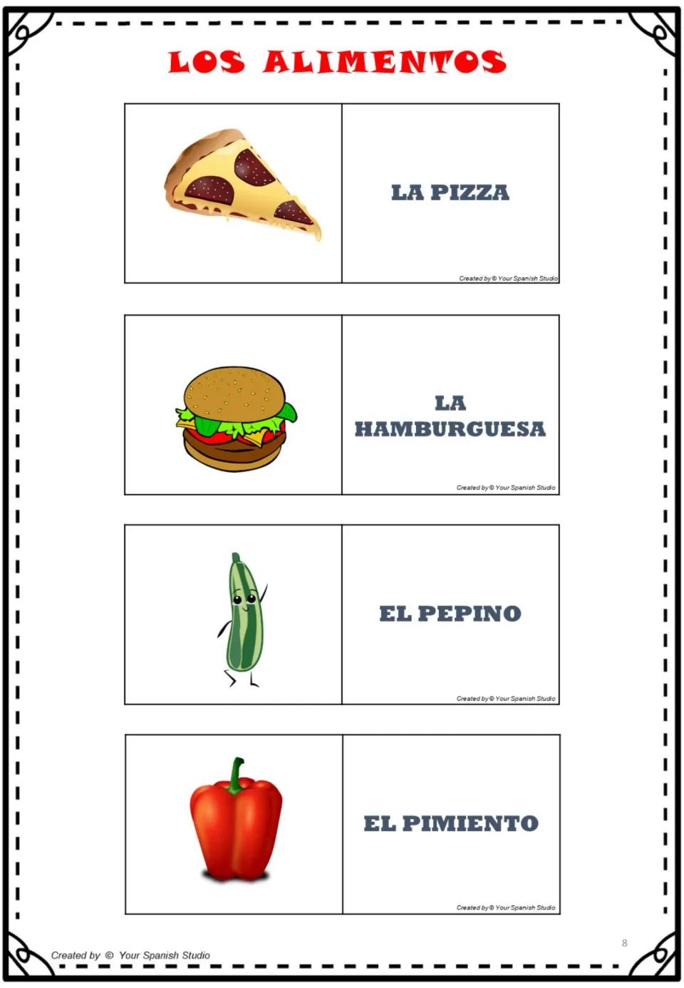 Spanish food cards 25–28: pizza, hamburguesa (hamburger), pepino (cucumber), and pimiento (pepper).