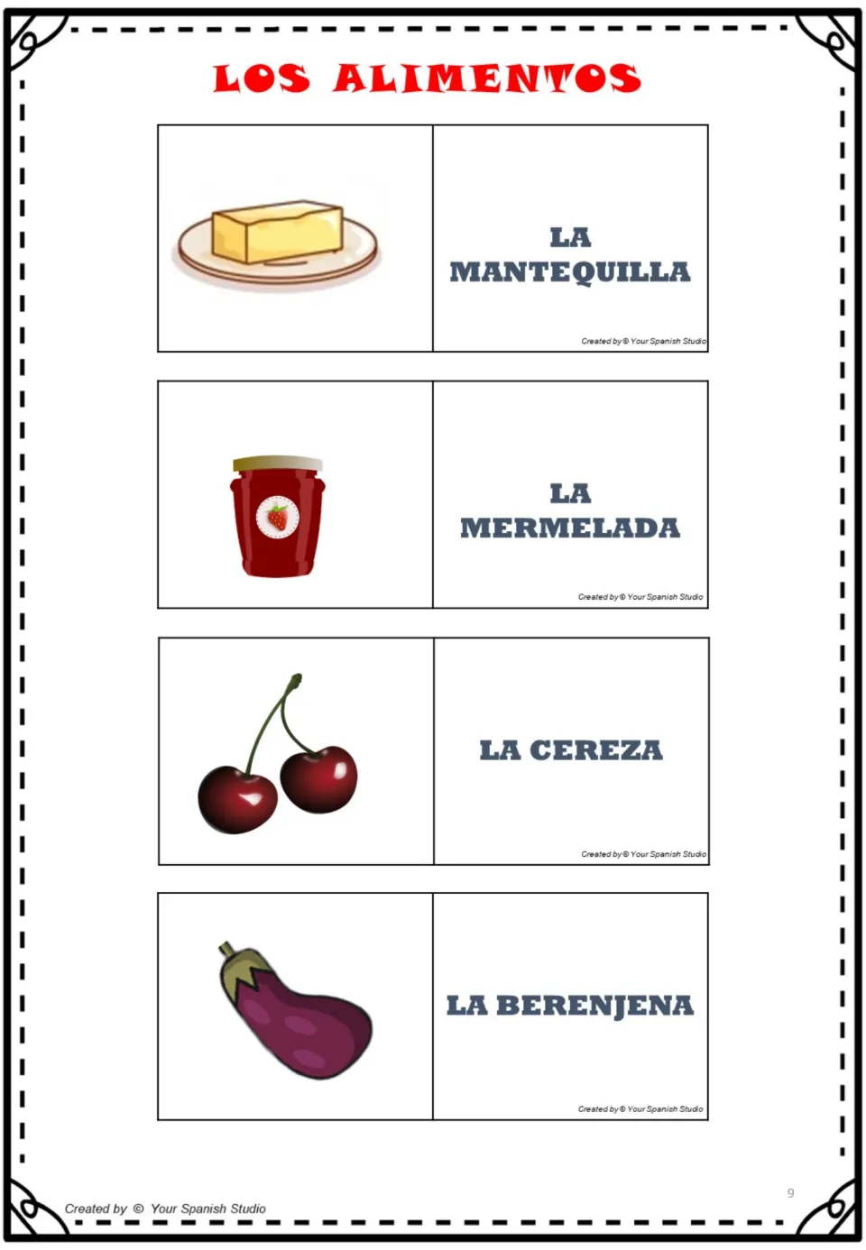 Spanish food cards 29–32: mantequilla (butter), mermelada (jam), cereza (cherry), and berenjena (eggplant).