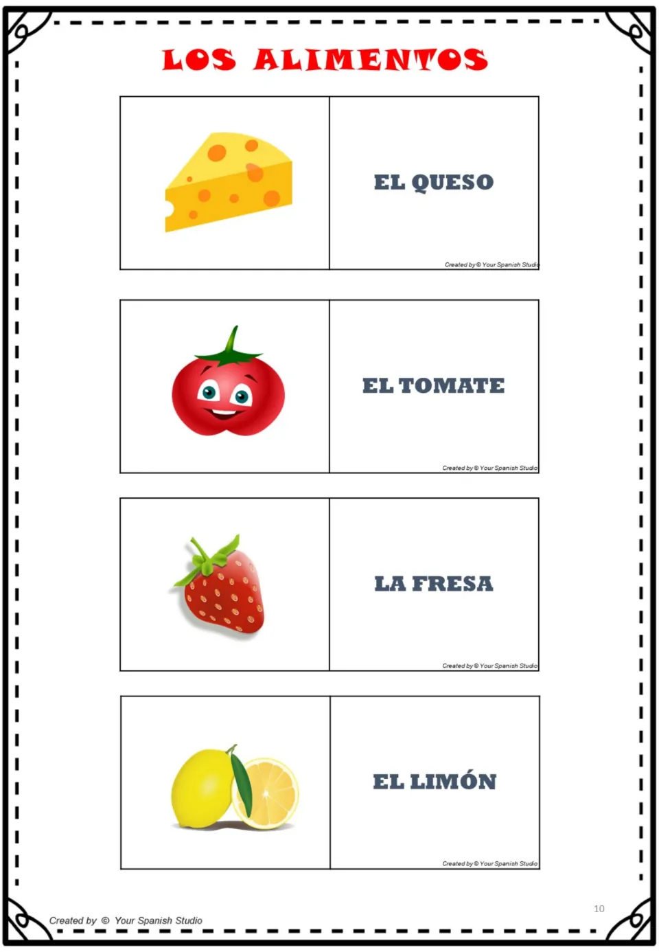Spanish food cards 33–36: queso (cheese), tomate (tomato), fresa (strawberry), and limón (lemon).