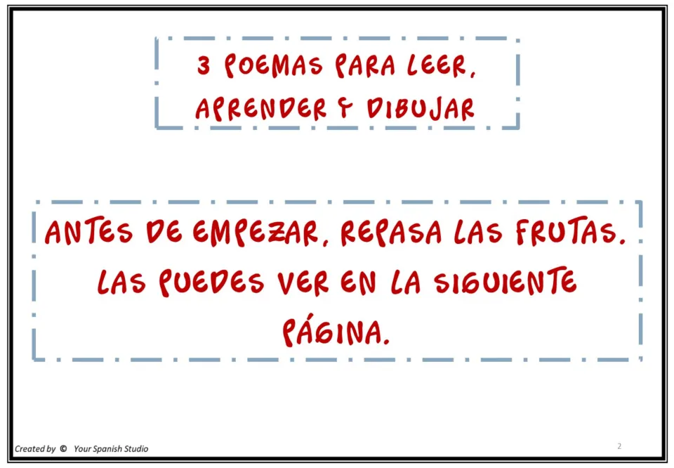 Directions for three Spanish poems to read, learn, and draw, asking students to review the fruits first