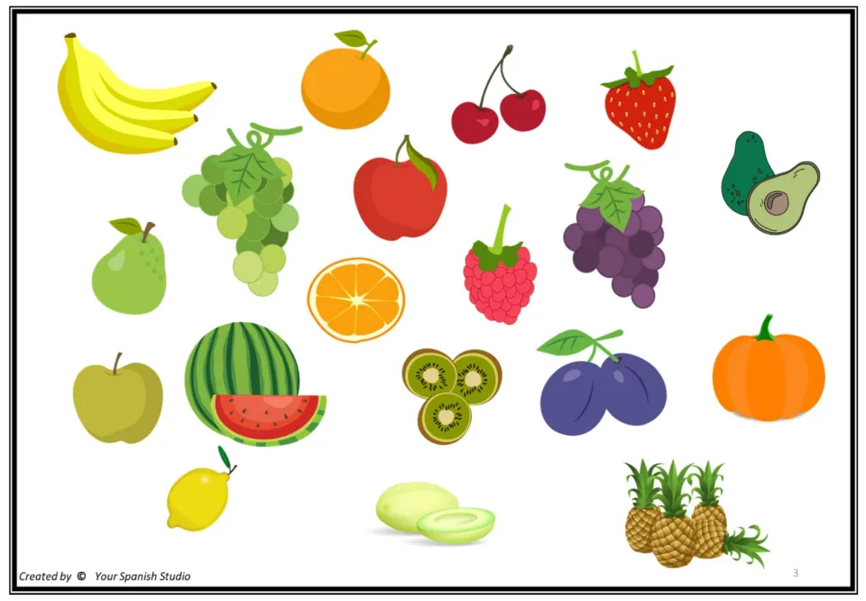 Fruit picture review before the Spanish poems, showing bananas, oranges, grapes, apples, and other foods