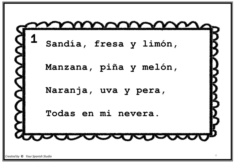 Spanish poem 1 lists nine fruits, including sandía (watermelon), fresa (strawberry), and limón (lemon)