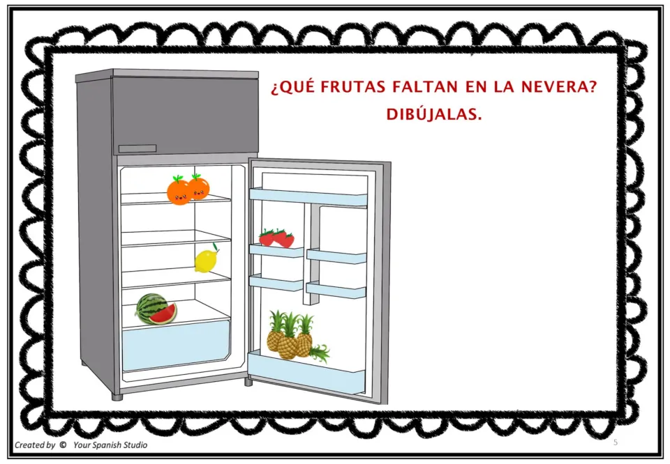 Poem 1 activity asks students to draw missing fruits in a refrigerator holding five of the poem's fruits