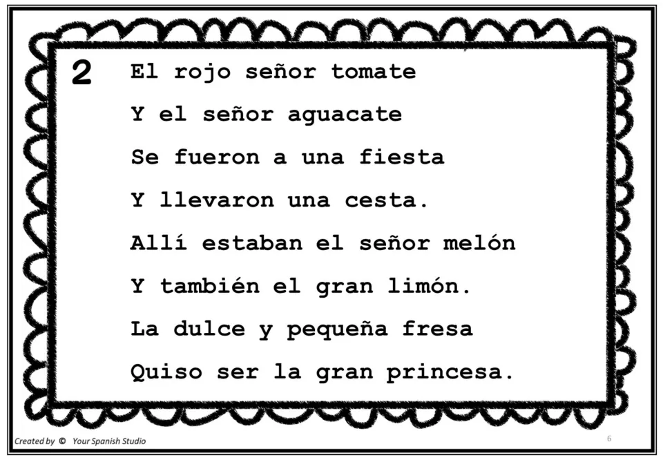 Spanish poem 2 tells of tomate (tomato) and aguacate (avocado) at a party with melon, lemon, and strawberry