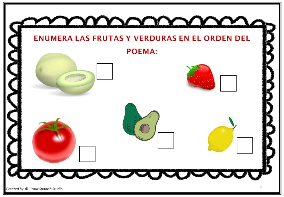 Poem 2 activity asks students to number melon, strawberry, tomato, avocado, and lemon in the poem's order