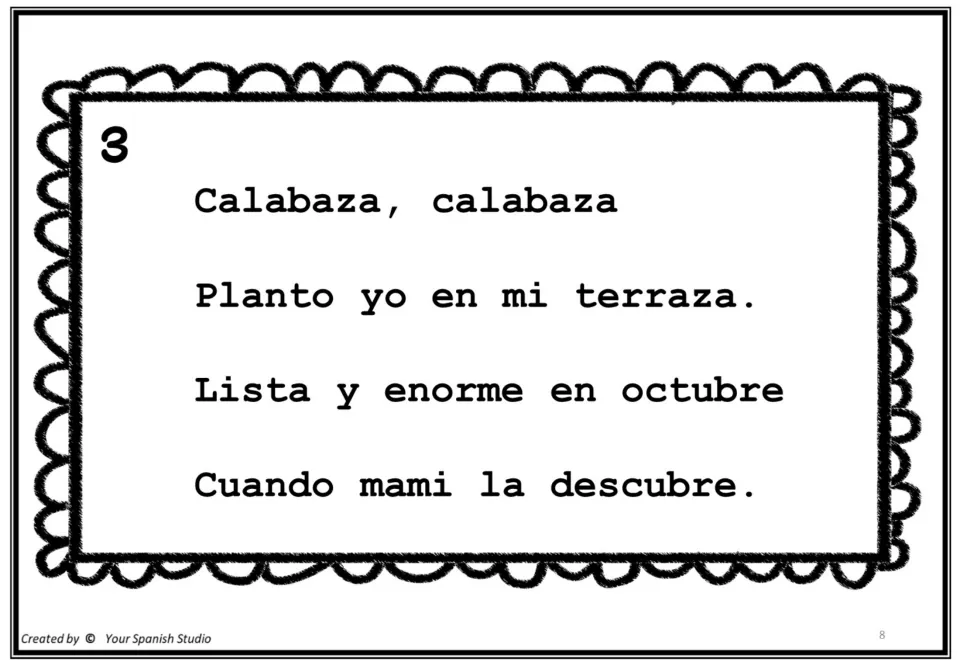 Spanish poem 3 describes growing calabaza (pumpkin) on a terrace, ready and enormous in October
