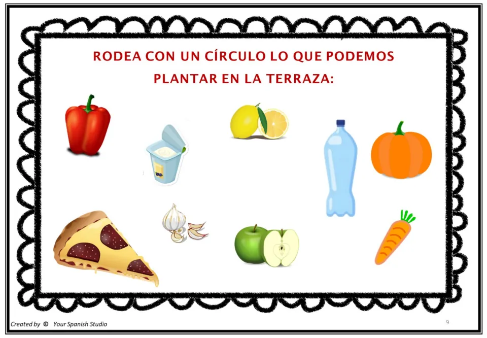 Poem 3 activity asks students to circle foods they can plant on a terrace among nine pictured items
