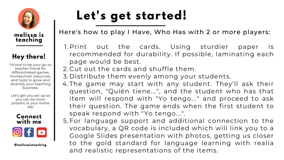 Game instructions explain printing, shuffling, dealing cards, and taking turns saying “Yo tengo” (I have).