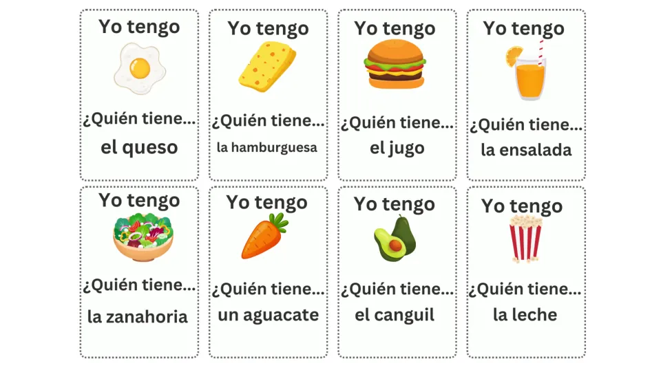 Spanish game cards 1–8 ask for el queso (cheese), la hamburguesa (hamburger), el jugo (juice), and five more.