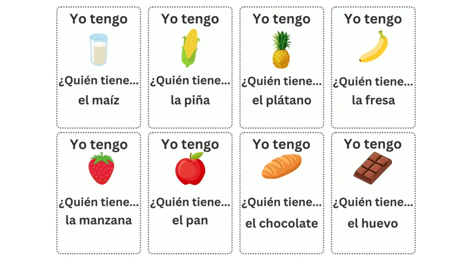 Spanish game cards 9–16 ask for el maíz (corn), la piña (pineapple), el plátano (banana), and five more.