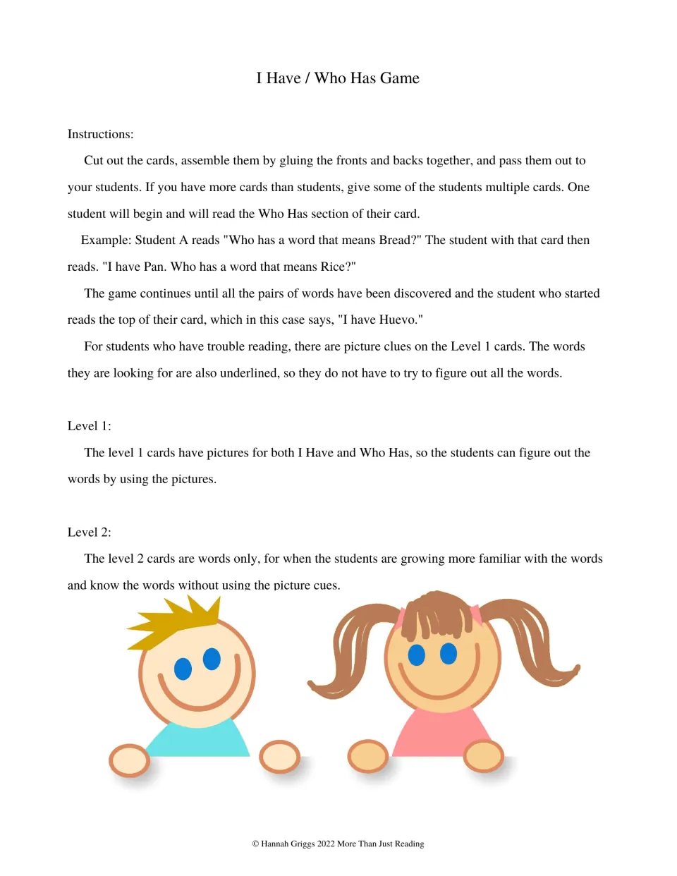 Game instructions explain card assembly, taking turns, picture-supported Level 1, and words-only Level 2
