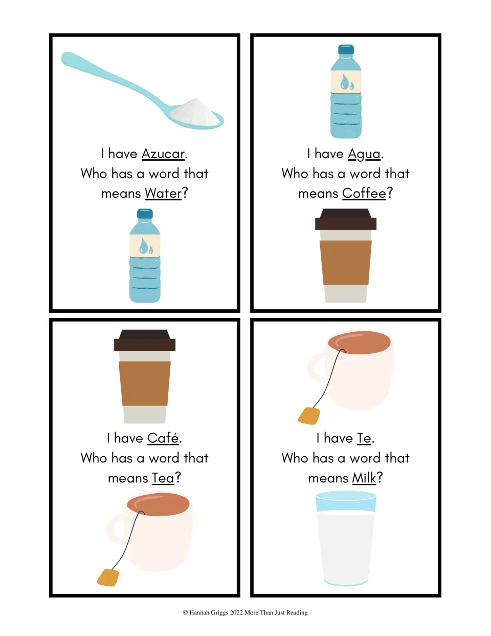 Level 1 cards 1–4 show azúcar (sugar), agua (water), café (coffee), and té (tea), with picture clues