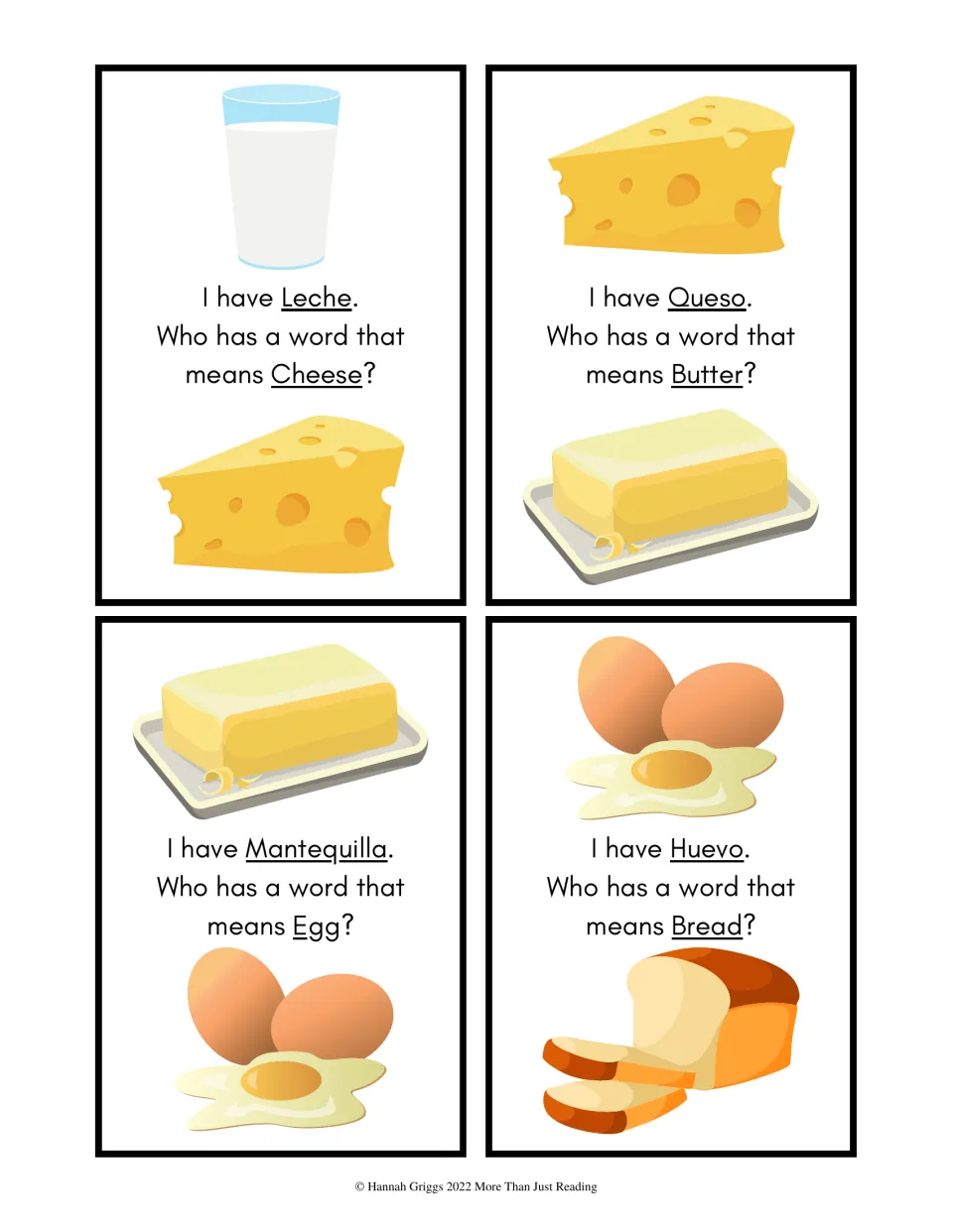 Level 1 cards 5–8 show leche (milk), queso (cheese), mantequilla (butter), and huevo (egg), with pictures