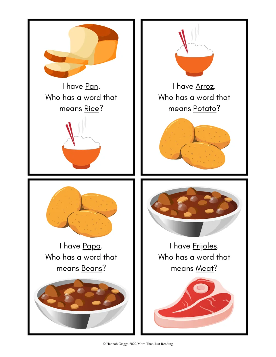 Level 1 cards 9–12 show pan (bread), arroz (rice), papa (potato), and frijoles (beans), with picture clues