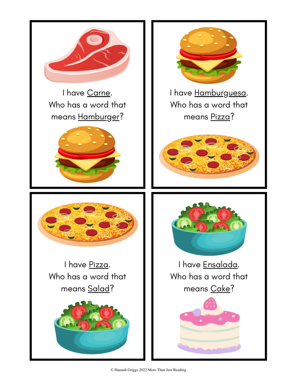 Level 1 cards 13–16 show carne (meat), hamburguesa (hamburger), pizza, and ensalada (salad), with pictures