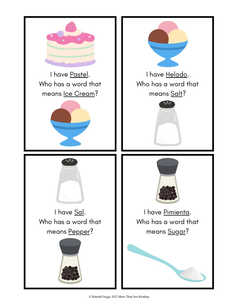 Level 1 cards 17–20 show pastel (cake), helado (ice cream), sal (salt), and pimienta (pepper), with pictures