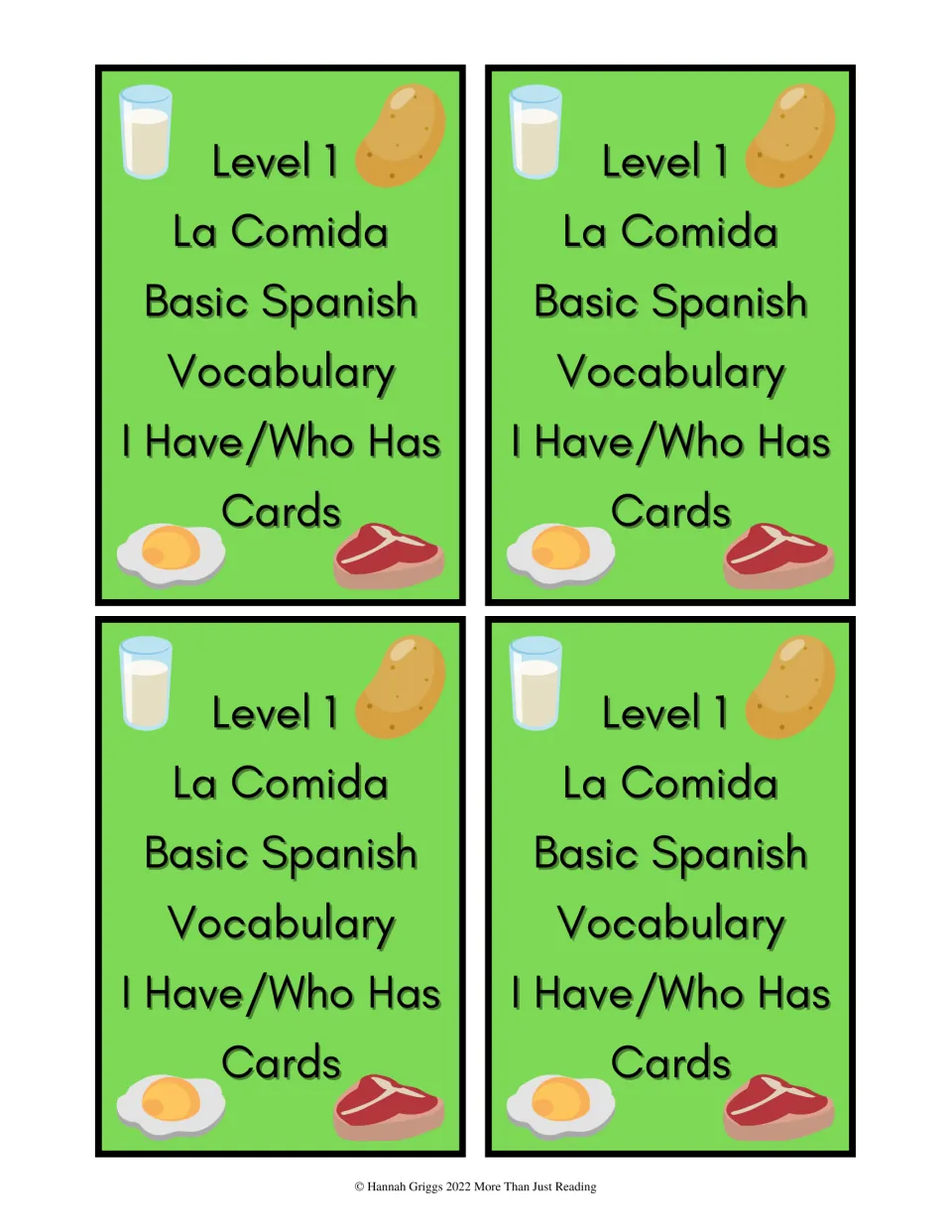 Four matching card backs labeled Level 1, La Comida (Food), Basic Spanish Vocabulary, and I Have/Who Has