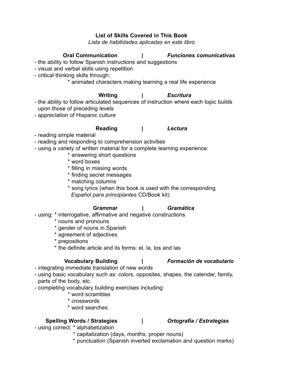 Workbook skills overview covers oral communication, writing, reading, grammar, vocabulary and spelling