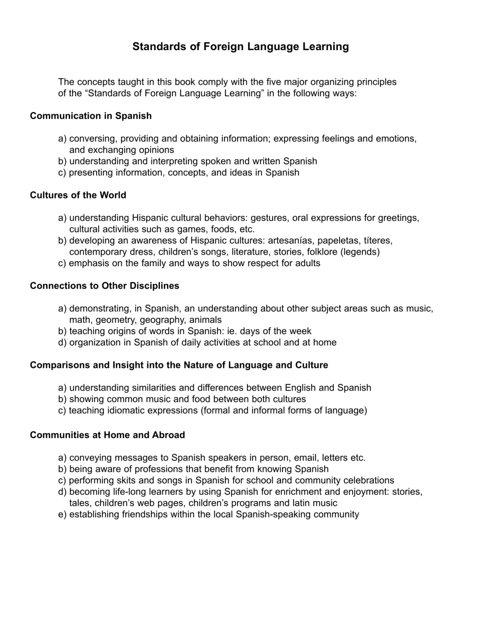 English overview connects workbook lessons to communication, cultures, connections and two more principles