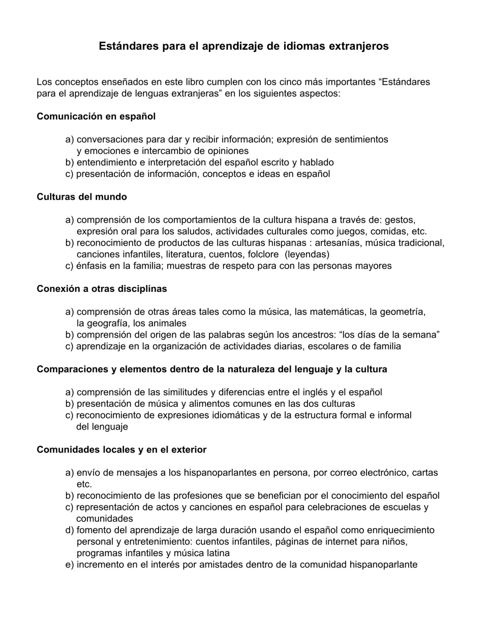 Spanish overview connects workbook lessons to communication, cultures, connections and two more principles