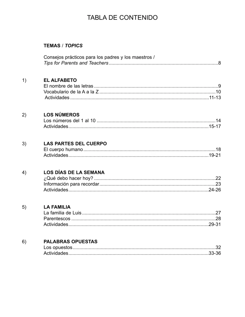 Workbook contents list teacher tips and units 1–6: alphabet, numbers, body parts, weekdays, family and opposites