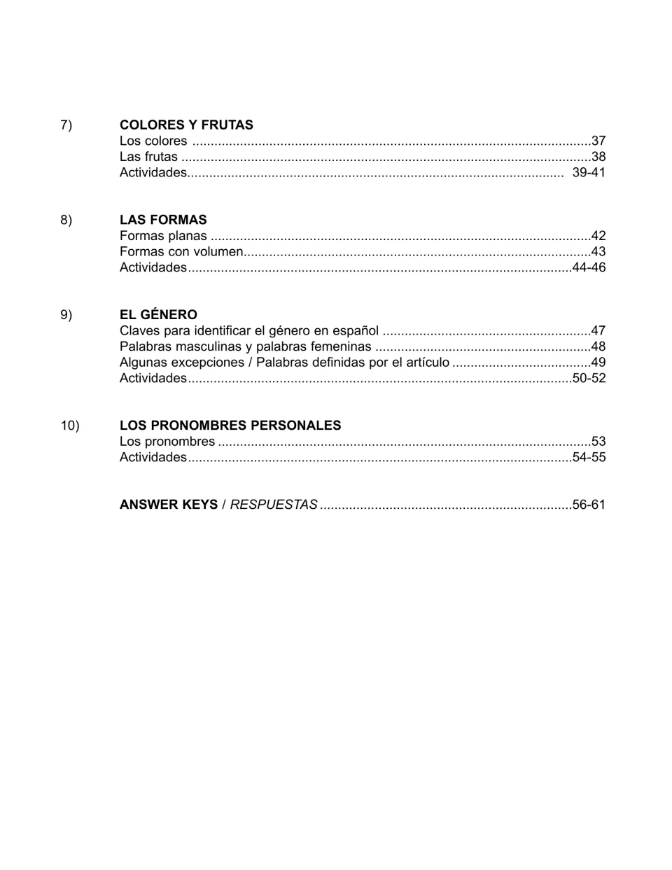 Workbook contents list units 7–10: colors and fruits, shapes, gender and personal pronouns, plus answer keys