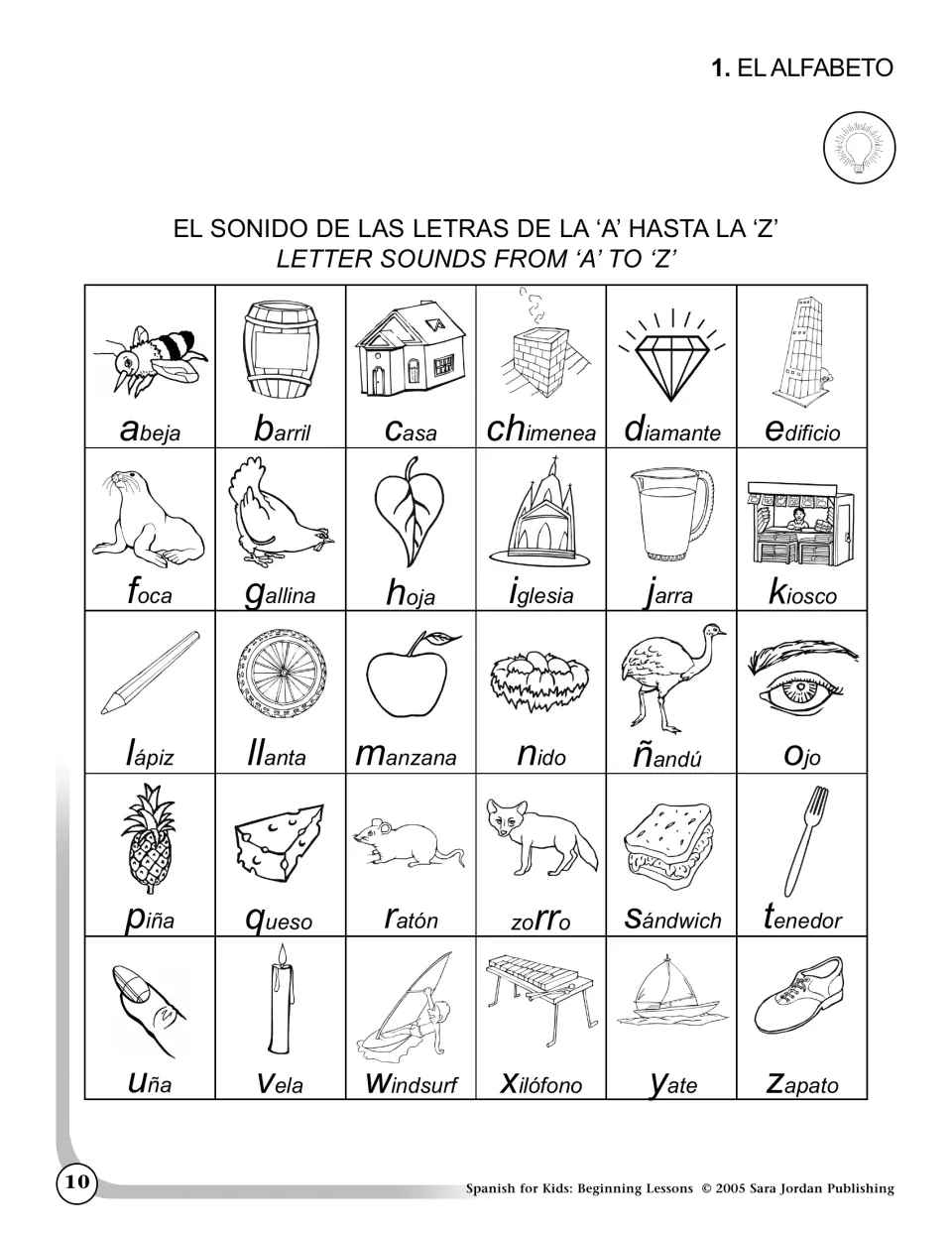 Alphabet lesson illustrates 30 Spanish words, including abeja (bee), barril (barrel) and casa (house)
