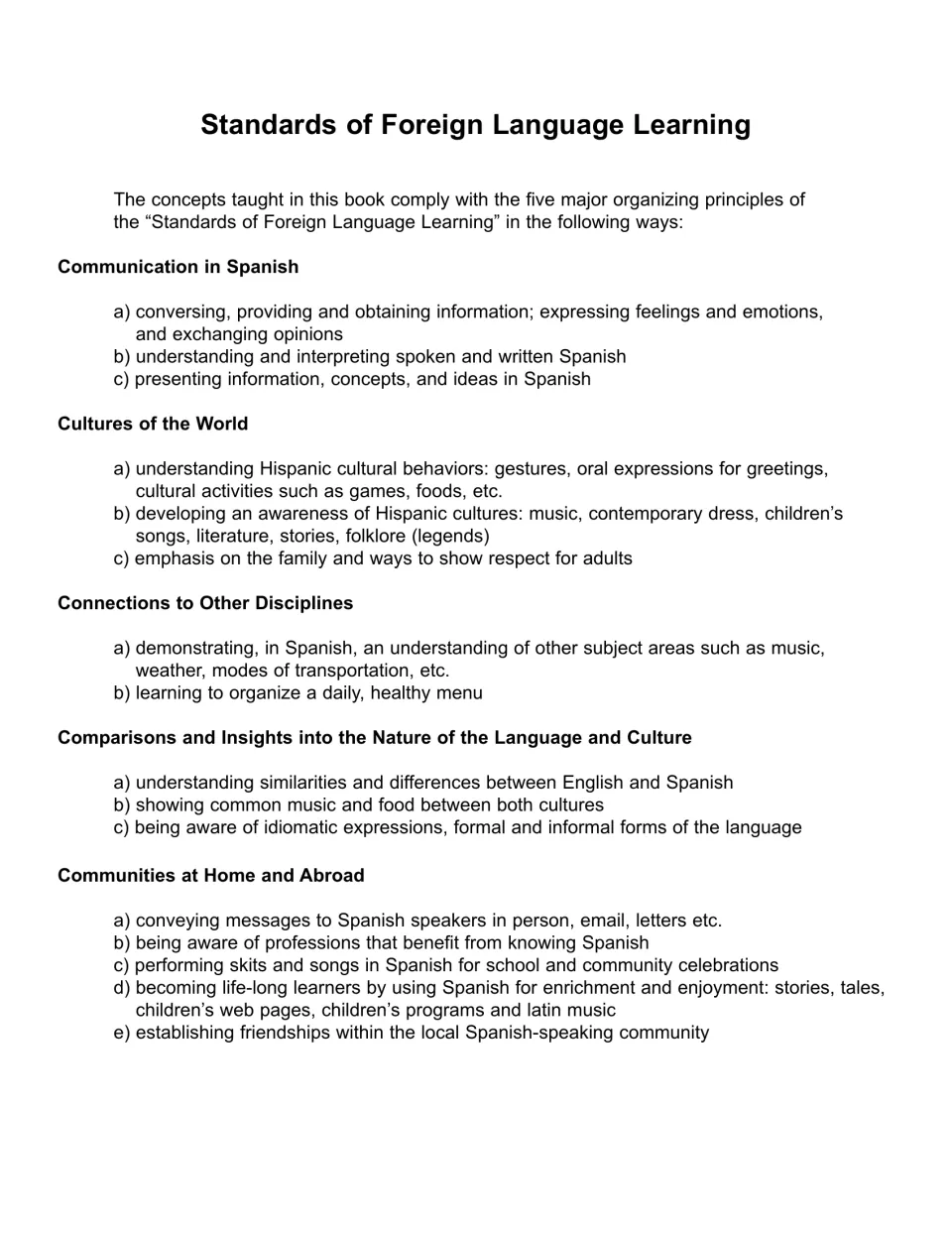 Standards of Foreign Language Learning page: book's concepts mapped to communication, cultures, connections and communities