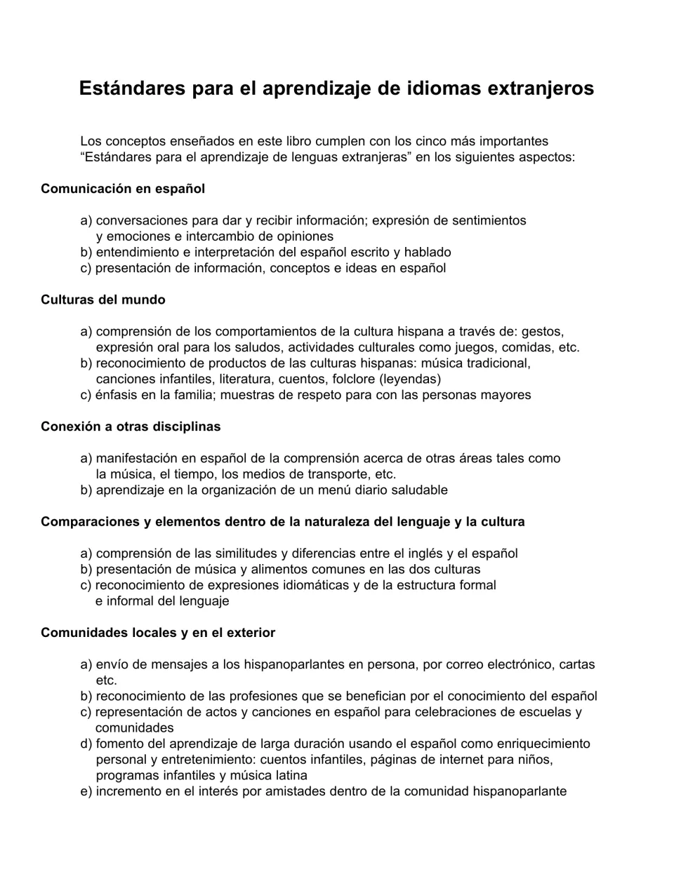 Spanish version of the page 4 list: comunicación, culturas del mundo, conexión, comparaciones and comunidades sections