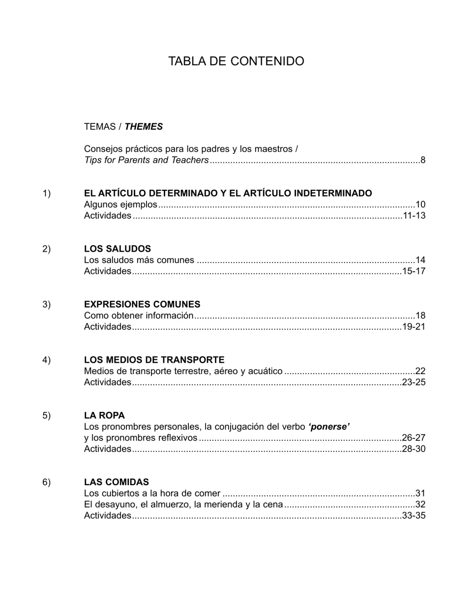 Tabla de contenido, part 1: themes 1-6 from articles and greetings to transport, clothing and meals, with page numbers